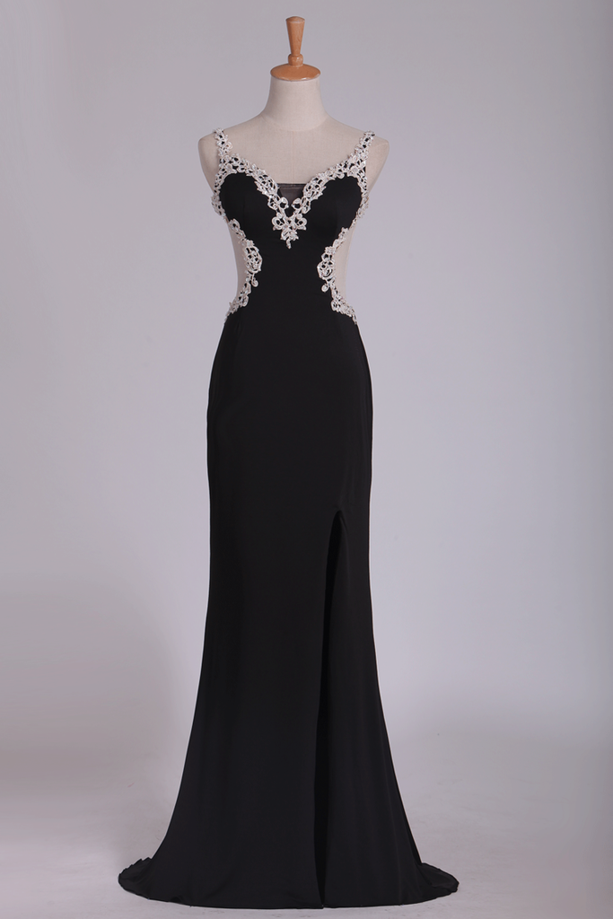 Sexy Open Back Spaghetti Straps Prom Dresses With Applique Chiffon Floor Length