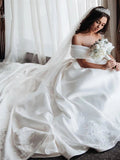 Ball Gown Off the Shoulder Satin White Sweetheart Wedding Dresses, Wedding Gowns SJS15062