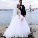 Elegant Ball Gown Lace Long Sleeve Wedding Dresses with Appliques, Tulle White Bridal Dress SJS15156