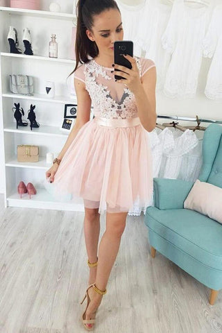 Appliques Cap Sleeve Pearl Pink Tulle Short Homecoming Dress