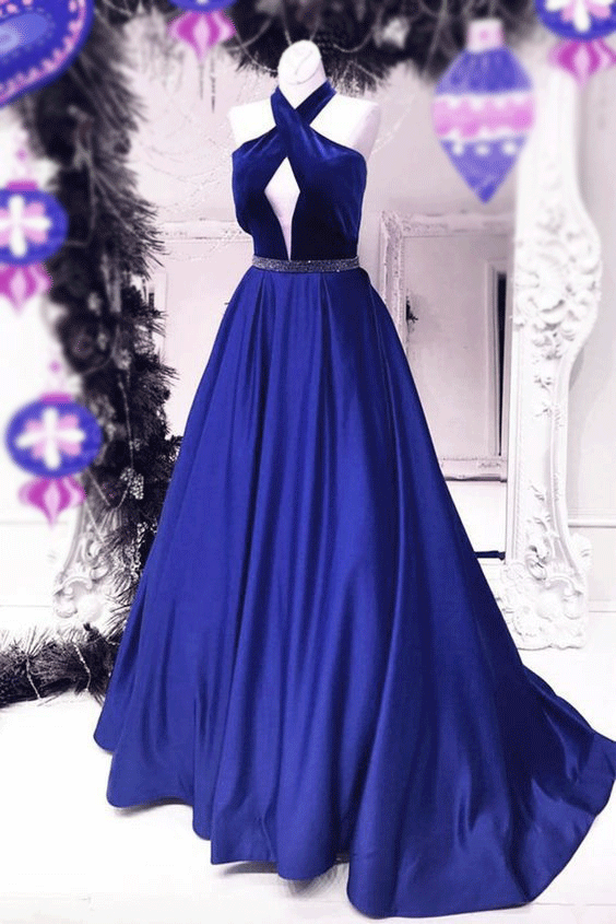 Cheap Unique Royal Blue Charming Sexy Back Ball Gown Floor-Length Prom Dresses JS177