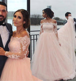 Off the Shoulder Long Sleeves Pink A-line Wedding Dresses, Blush Pink Tulle Bridal Dresses SJS15270