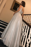 Glitter Long Prom Dresses A-Line V Neck Sequins Formal SJSPM5GPNTE