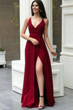 Charming A Line V Neck Burgundy Satin Prom Dresses, Simple Evening Dresses SJS15505