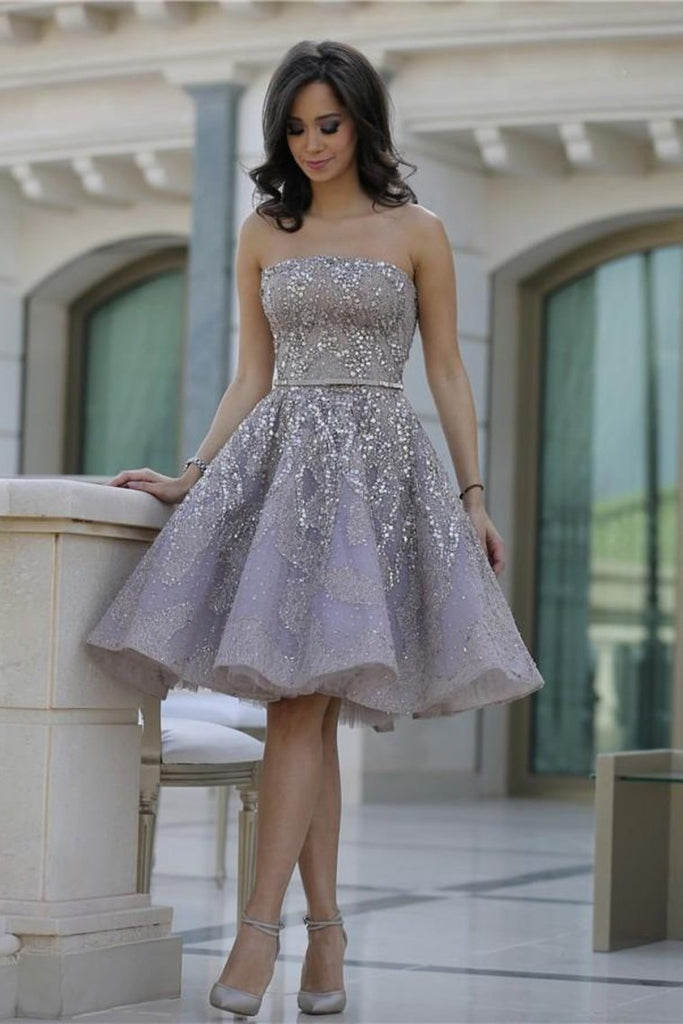 Strapless Homecoming Dresses A Line Lace With Beading Knee Length ...