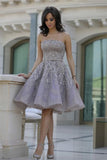 Strapless Homecoming Dresses A Line Lace With Beading Knee Length