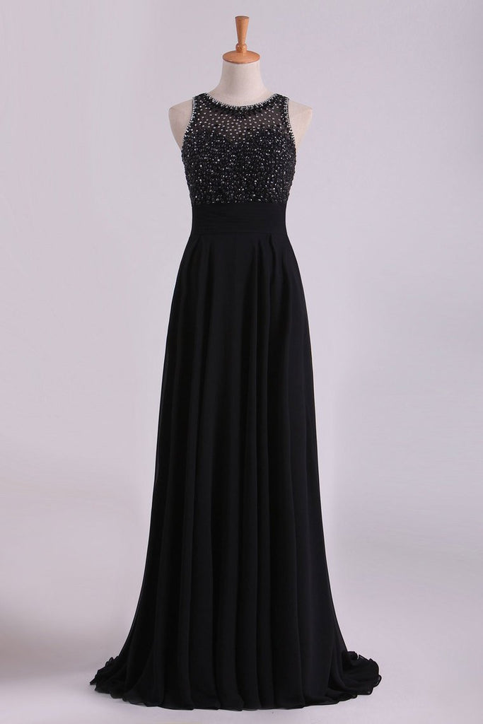 Black Open Back Prom Dresses Scoop A Line Chiffon With Beading