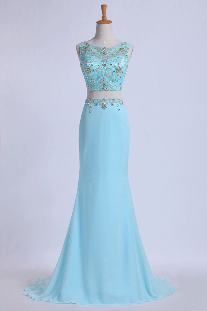 Two Pieces Prom Dresses Scoop Sheath With Beading Sweep Train