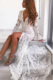 Long Sleeves Mermaid Lace V Neck Wedding Dresses with Slit, Wedding SJS20423