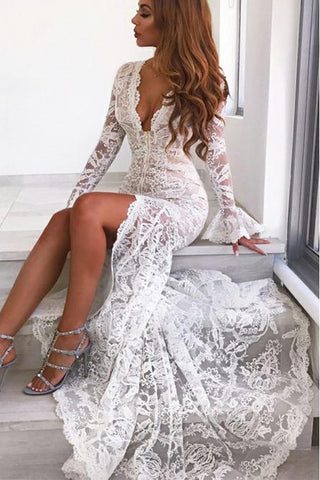 Long Sleeves Mermaid Lace V Neck Wedding Dresses with Slit, Wedding SJS15651
