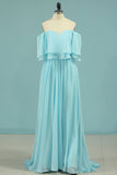 New Arrival A Line Chiffon With Slit Prom Dresses Sweep Train