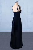Dark Navy Blue Straps Floor Length Evening Dresses, Long Chiffon Prom Dress With Lace