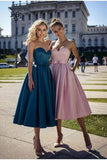 A-Line/Princess Satin Bowknot Sweetheart Sleeveless Tea-Length Homecoming Dresses