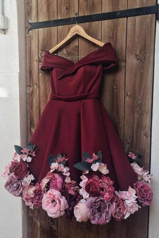A-Line V Neck Hand-Made Flower Homecoming Dress Unique Short Long Sleeve Prom Dress