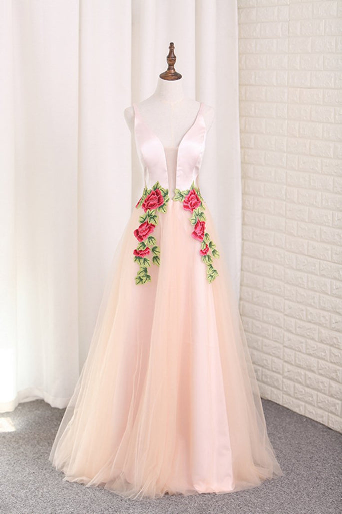Spaghetti Straps Prom Dresses Tulle A Line With Applique