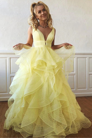 A Line Yellow Multi-layered Polka Dot Organza Prom Dresses Long Sweet 16 SJS15616
