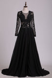 Black Long Sleeves Scoop Prom Dresses With Applique & Slit Chiffon