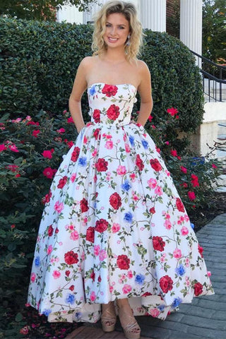 High Low Prom Dresses Strapless A-Line Floral Print Long Ball Gown