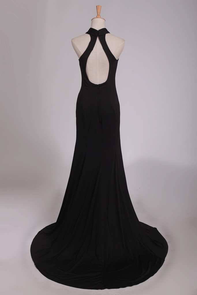 Sexy Open Back Prom Dresses Halter  Sheath Spandex With Slit