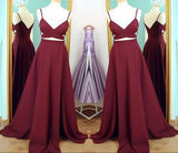 Two Piece Straps Long Prom Dress Evening Dress Spaghetti Straps Wine Red Prom Dresses JS159