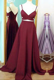 Two Piece Straps Long Prom Dress Evening Dress Spaghetti Straps Wine Red Prom Dresses JS159