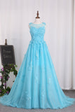 A Line Prom Dresses Tulle Bateau With Applique And Handmade Flower Sweep Train