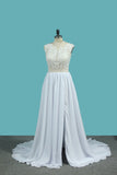 A Line Chiffon High Neck Wedding Dresses With Beads And Slit Sweep Train
