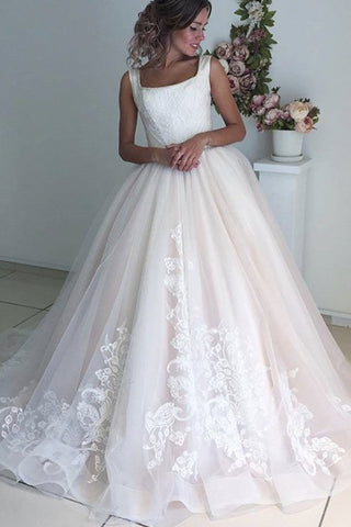 Wedding Dress Square Neck A Line Tulle Skirt With Appliques Pearls
