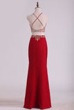 Two Pieces Halter Sheath Prom Dresses Chiffon With Beading