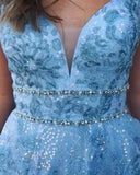 Elegant A Line Lace Appliques Blue V Neck Prom Dresses, Long Evening SJS20407