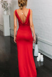 Simple Spaghetti Straps Red Mermaid V Neck Prom Dress with High Slit, Open Back Dance Dress SJS15401