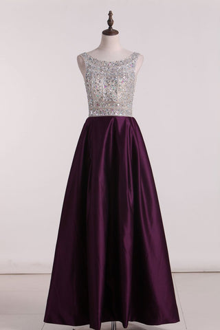 New Arrival A Line Scoop Prom Dresses Satin With Beads&Rinestones