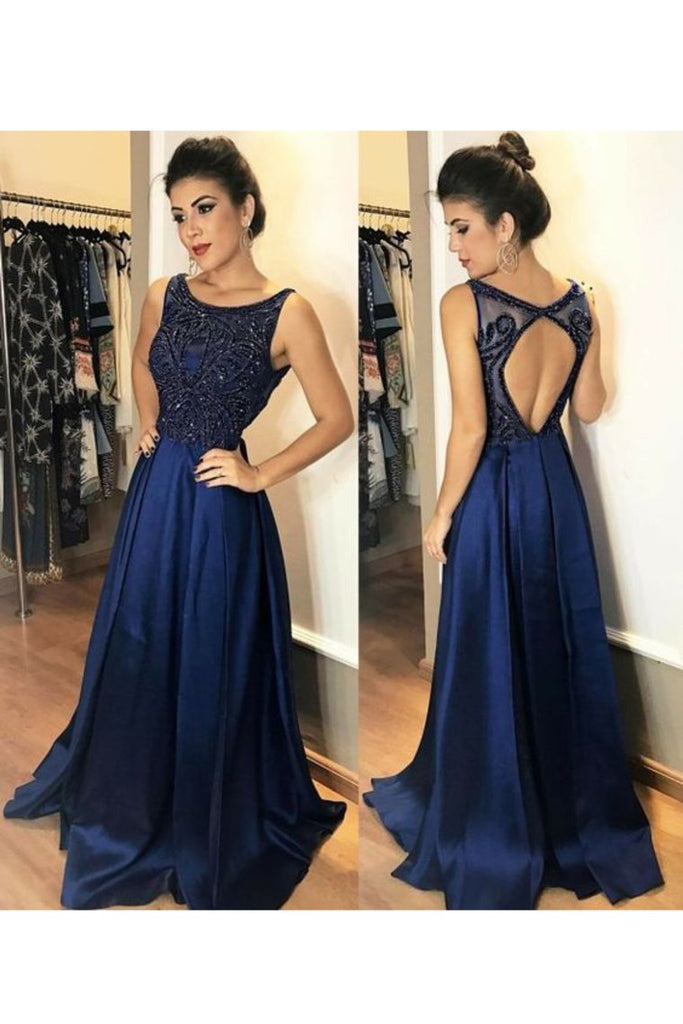 Sexy Open Back Scoop Prom Dresses A Line Satin Sweep Train