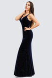 V-Neck Spaghetti Straps Velvet Dark Navy Blue Mermaid Evening Dress, Prom Dresses SJS15480