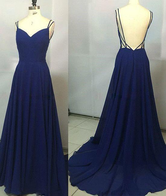 Custom Made Royal Blue Spaghetti Straps Sleeveless Backless Sweetheart Prom Dresses JS770