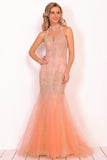 High Neck Tulle With Applique Mermaid Prom Dresses Sweep Train