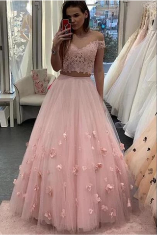 Two Piece Floor Length Tulle Prom Dress With Lace, Long Off The Shoulder Dress With Flower
