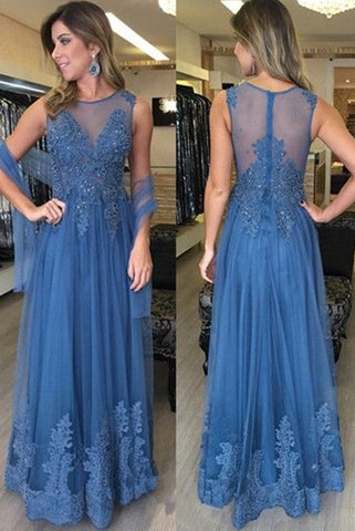 Round Neck See Though Back A Line Sleeveless Long Prom Dresses