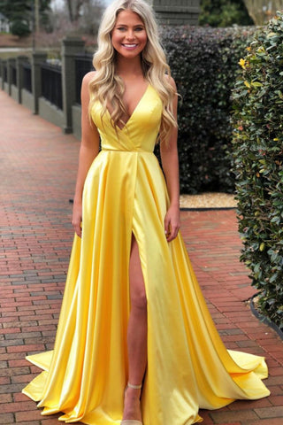 A Line Yellow V Neck Sleeveless Long Prom Dress Simple Formal Dress