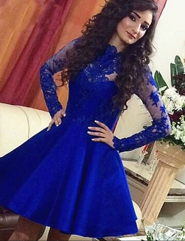 Lace Royal Blue Long Sleeves Homecoming Dress Short Prom Dresses