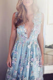 Sky Blue Prom Dresses See Through Embroidery Formal Dress Evening Dress