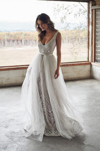Unique V Neck A Line Tulle Wedding Dress Long Bridal Dress