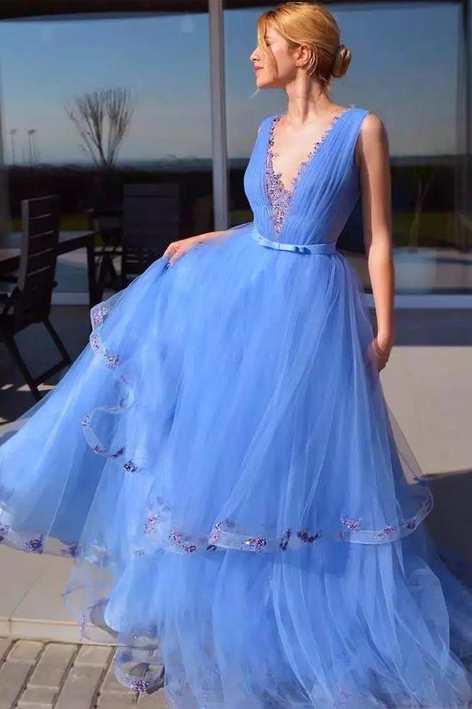 Sky Blue V-Neck A-Line Tulle Pageant Dresses With Appliques Prom Dresses