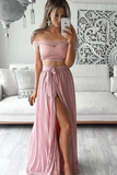 Two Piece Lace Top Off the Shoulder Short Sleeves Thigh-High Slit Sexy Evening Dresses JS84