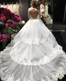 Long Sleeve V-neck Open Back Lace Ball Gown Wedding Dresses Bridal Dresses