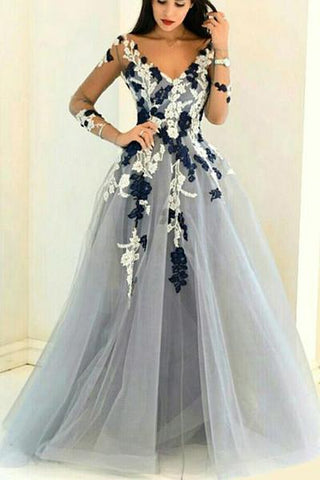 Gray organza V-neck long sleeves see-through handmade flowers A-line Prom Dresses UK JS353