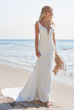 Satin Elegant V Neck Mermaid Beach Wedding Dresses Minimalist Gown