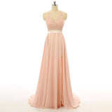 Peach Lace Backless Sexy Cheap V-Neck Halter Sleeveless A-Line Open Back Prom Dresses JS33