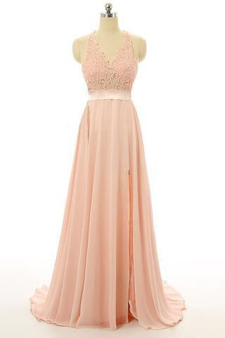 Peach Lace Backless Sexy Cheap V-Neck Halter Sleeveless A-Line Open Back Prom Dresses JS33