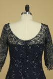 Mother Of The Bride Dresses Scoop 3/4 Length Sleeve Dark Navy Spandex & Lace With Beads